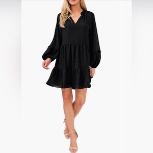 CeCe Clip Dot Long Sleeve Tiered Shift Dress, NWT, Black, Sz M